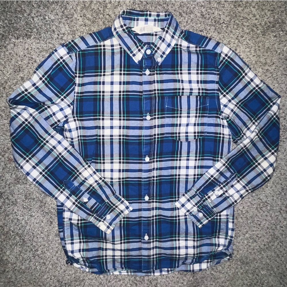 H&M Boys Dress Shirt Plaid long sleeves blue green white Size 11-12 Large